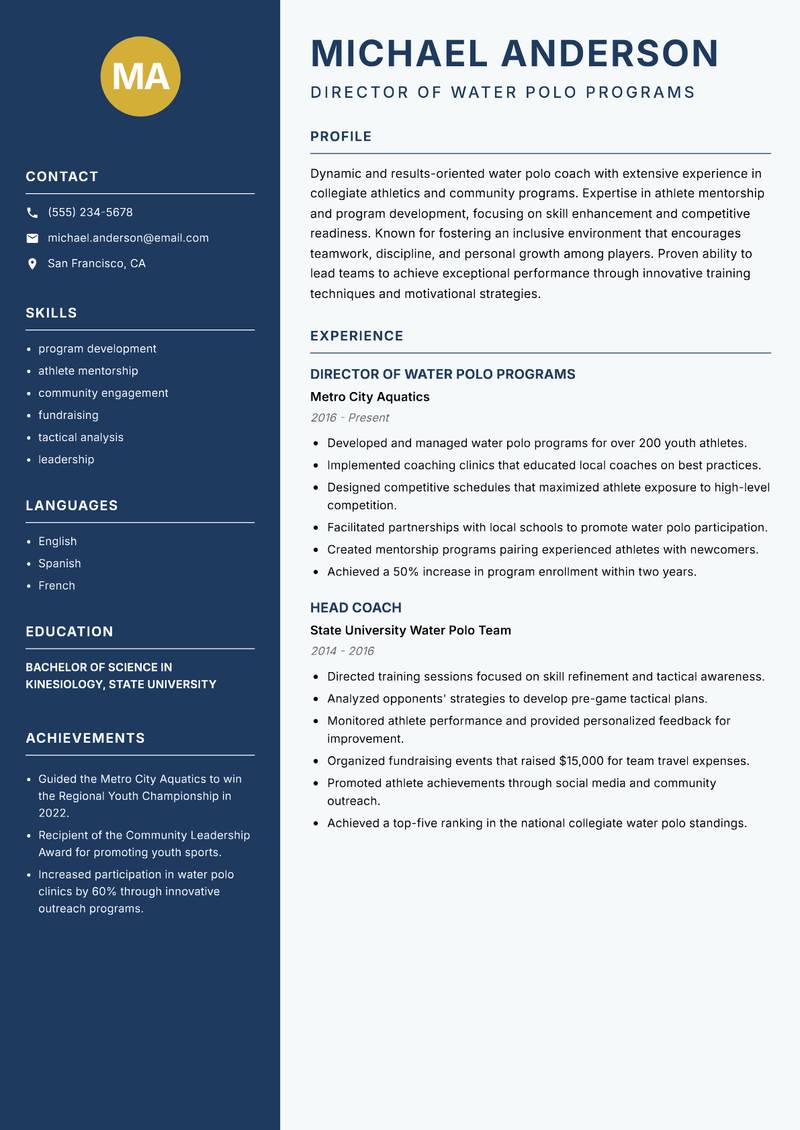 Water Polo Coach resume sample — Director of Water Polo Programs focus