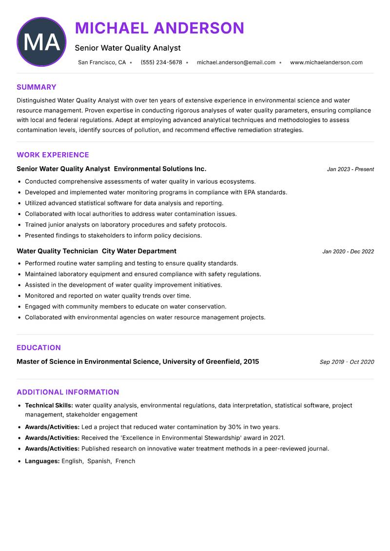 Water Quality Analyst resume example