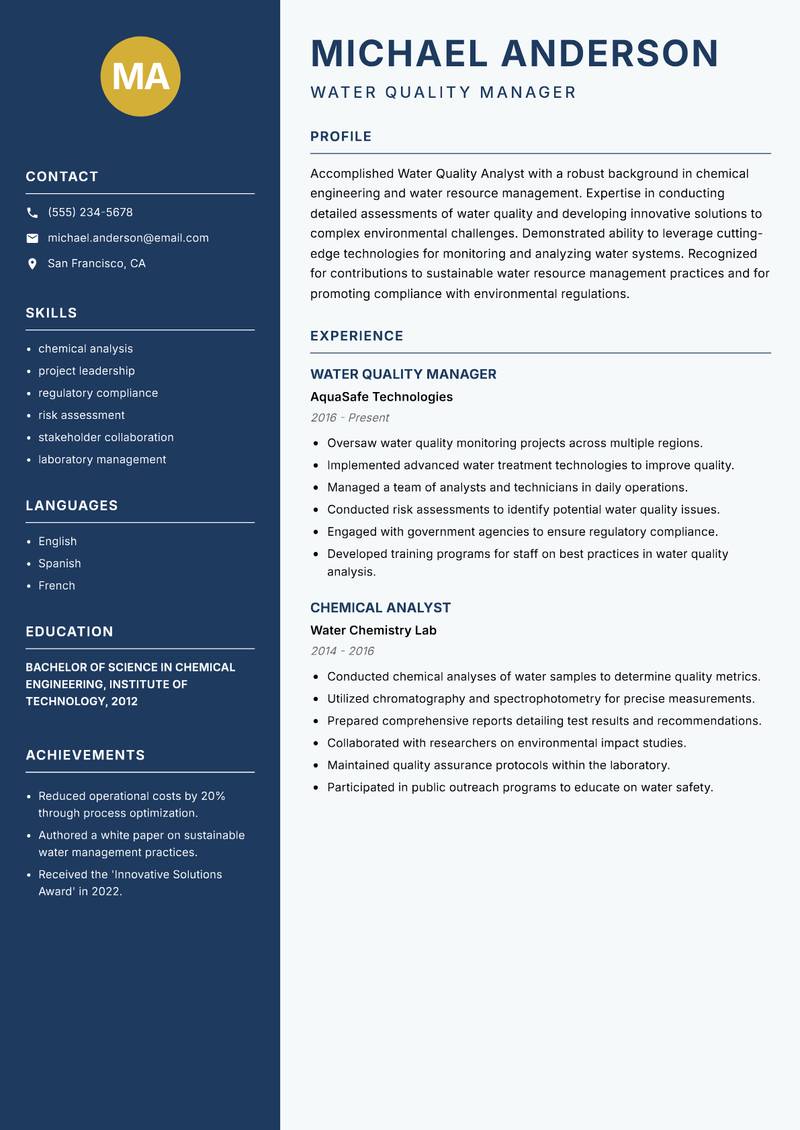 Water Quality Analyst resume sample — Water Quality Manager focus