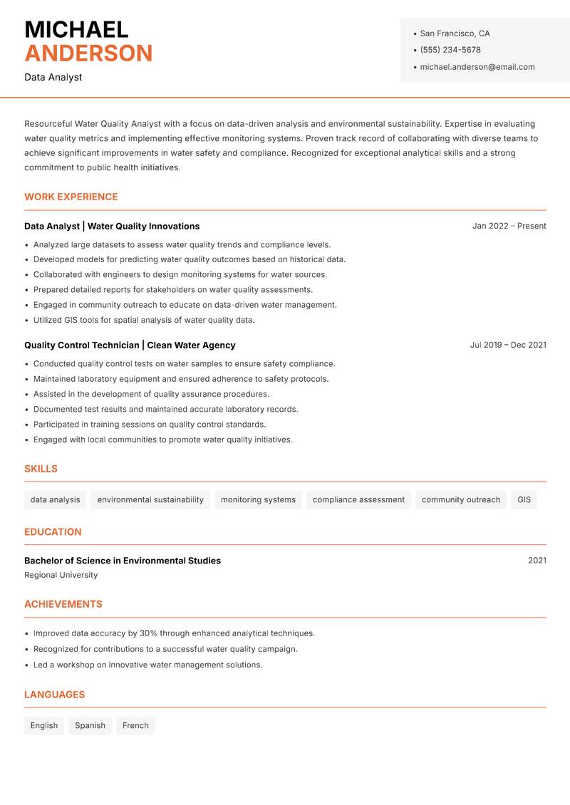 Water Quality Analyst resume sample — Data Analyst focus