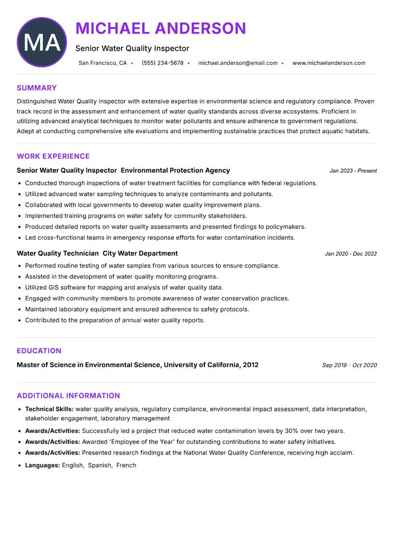 Water Quality Inspector resume example