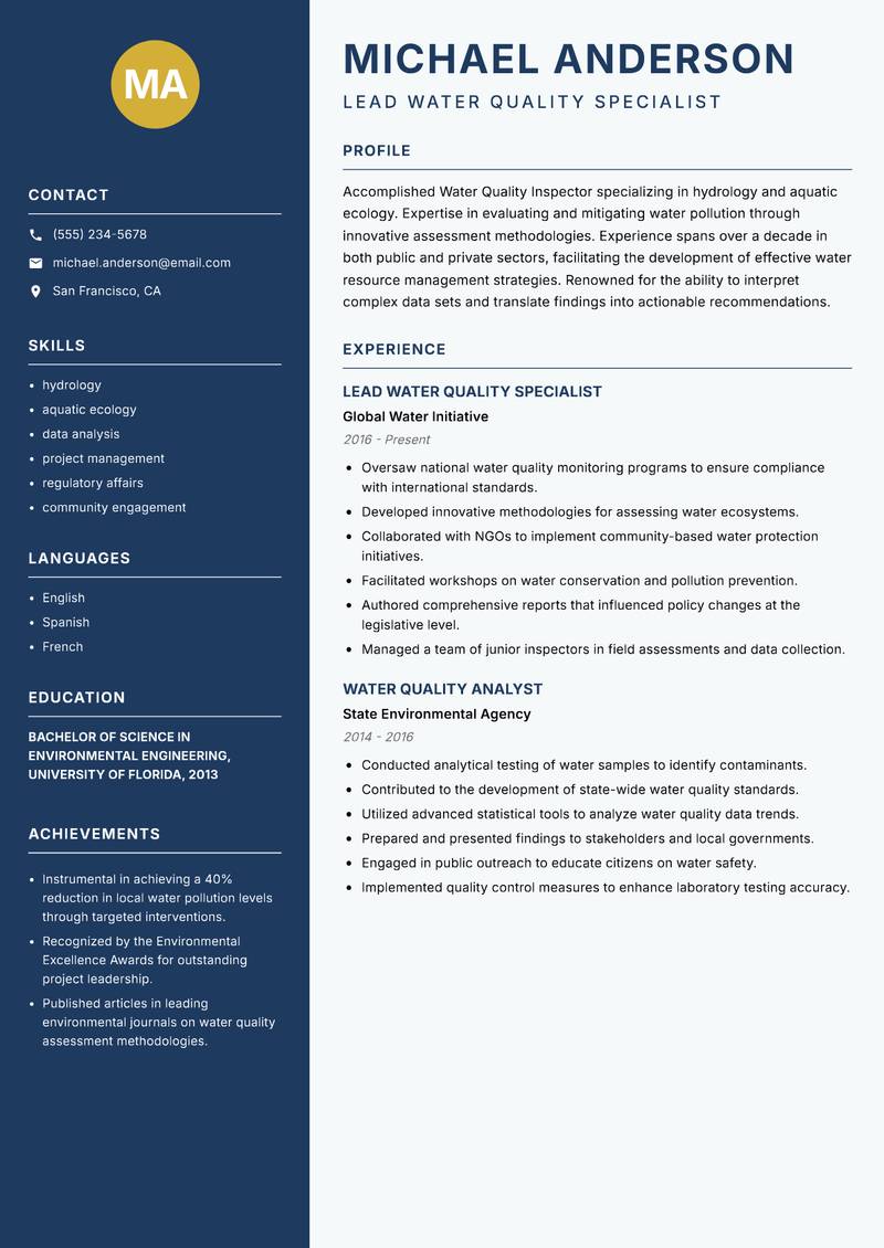 Water Quality Inspector resume sample — Lead Water Quality Specialist focus