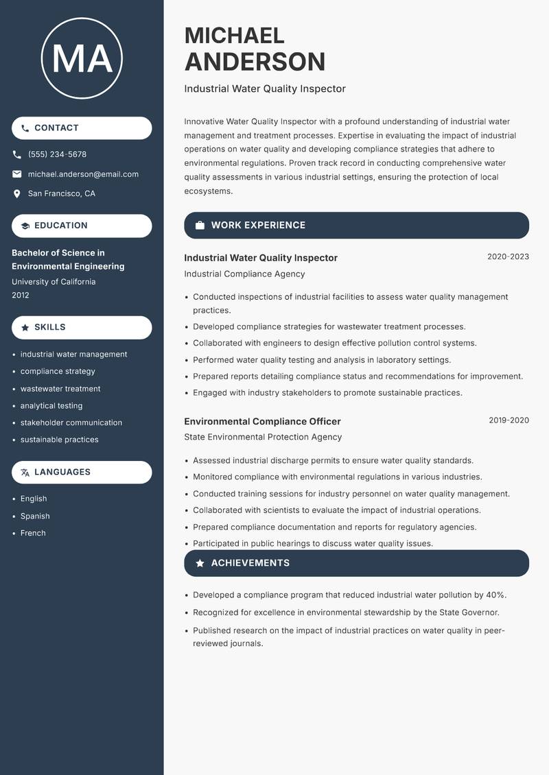 Water Quality Inspector resume sample — Industrial Water Quality Inspector focus