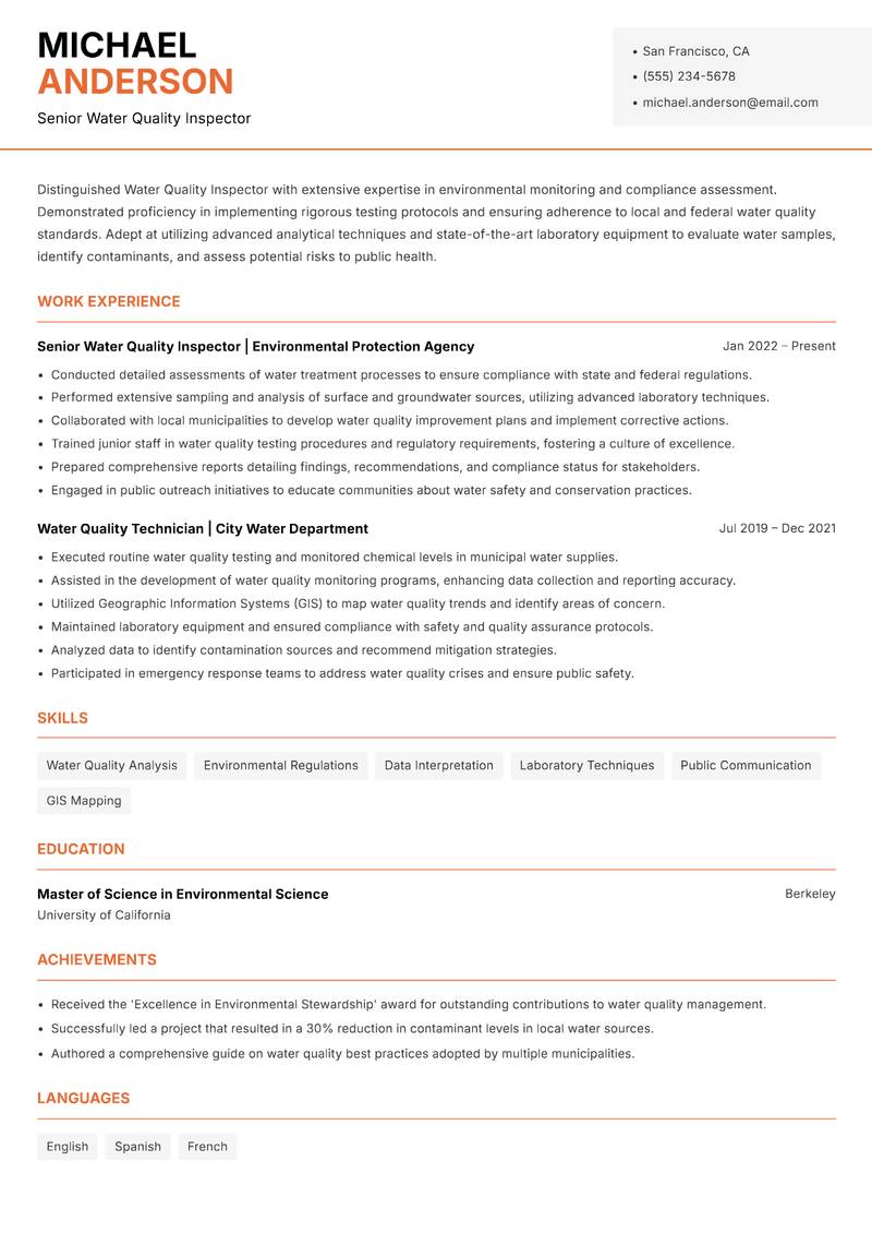 Water Quality Inspector resume sample — Senior Water Quality Inspector focus