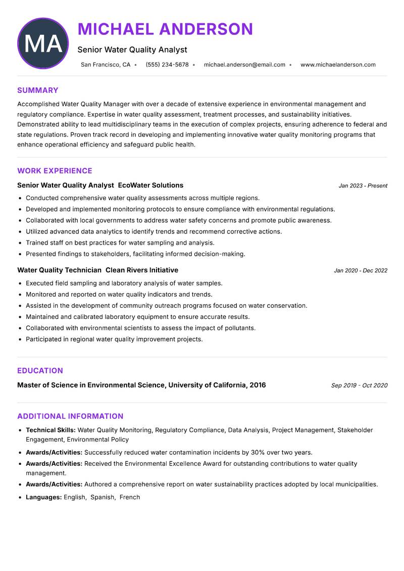 Water Quality Manager resume example