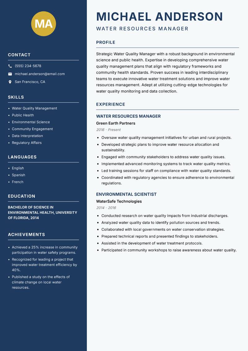 Water Quality Manager resume sample — Water Resources Manager focus