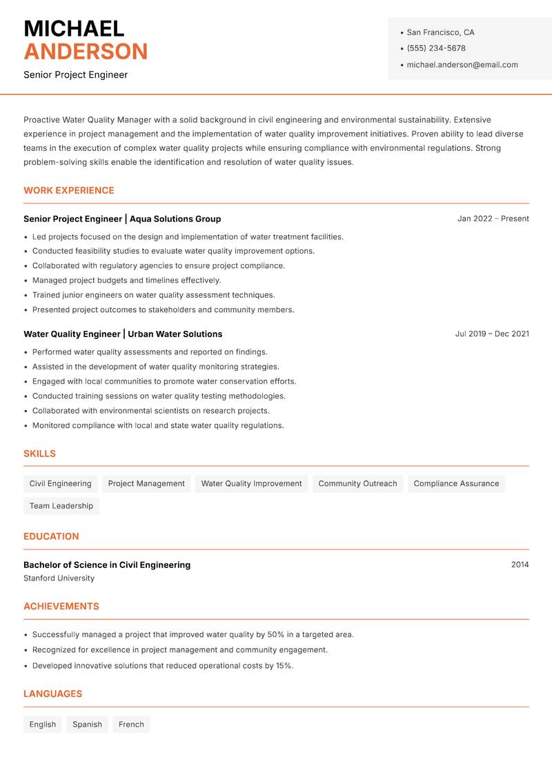 Water Quality Manager resume sample — Senior Project Engineer focus