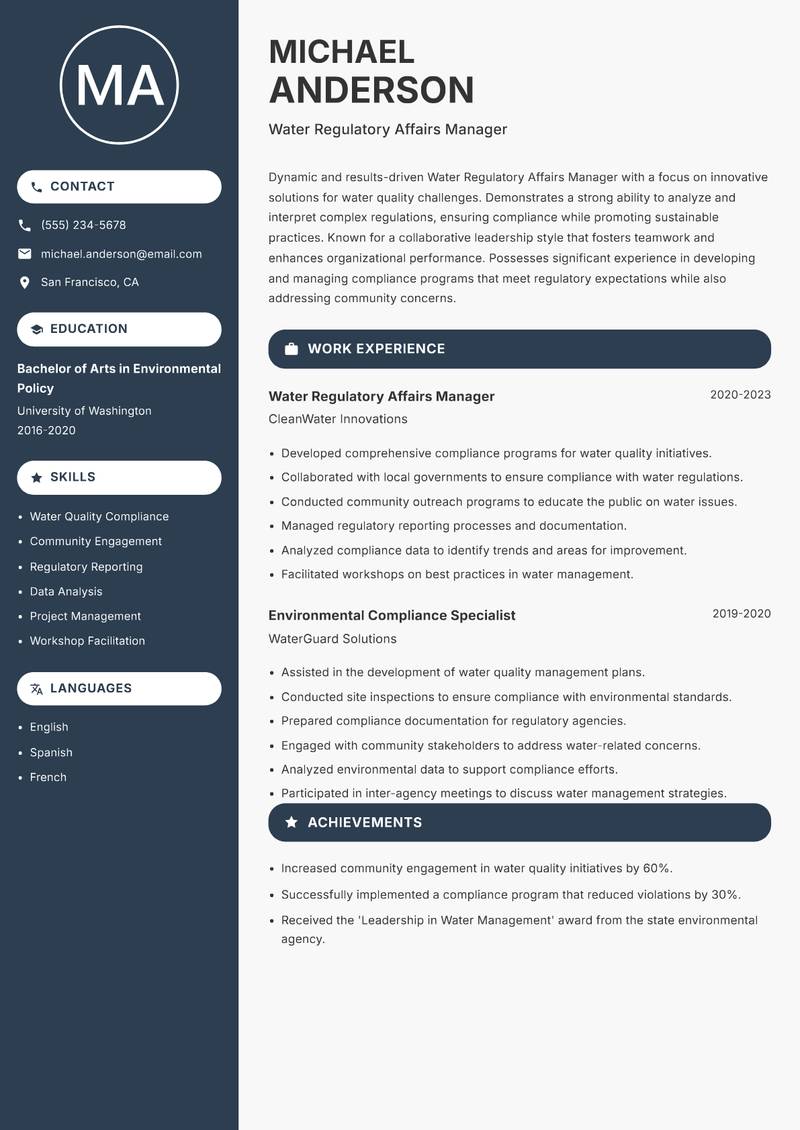 Water Regulatory Affairs Manager resume sample — Water Regulatory Affairs Manager focus