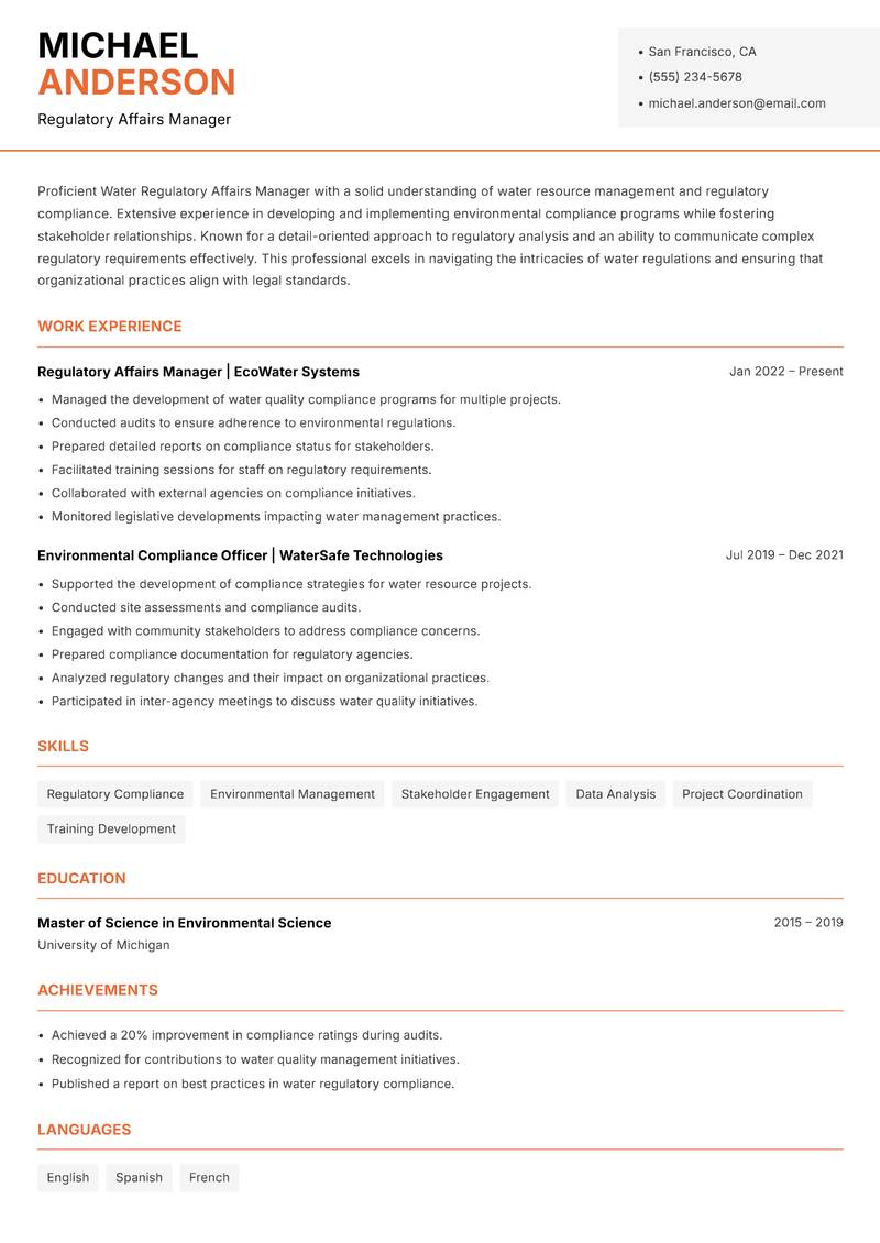 Water Regulatory Affairs Manager resume sample — Regulatory Affairs Manager focus