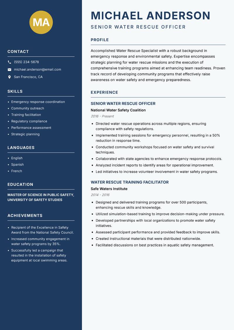 Water Rescue Specialist resume sample — Senior Water Rescue Officer focus