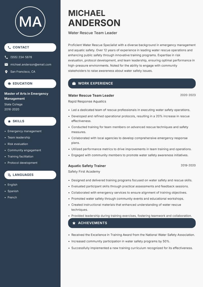 Water Rescue Specialist resume sample — Water Rescue Team Leader focus