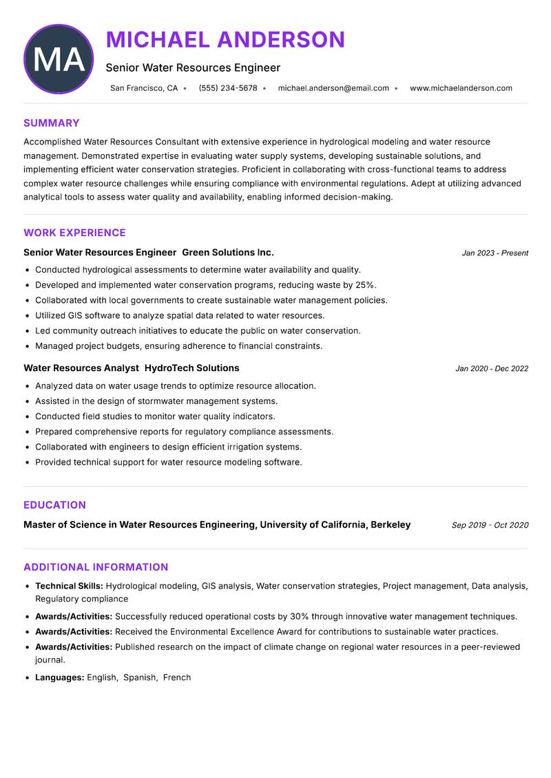 Water Resources Consultant resume example