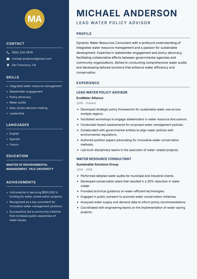 Water Resources Consultant resume sample — Lead Water Policy Advisor focus