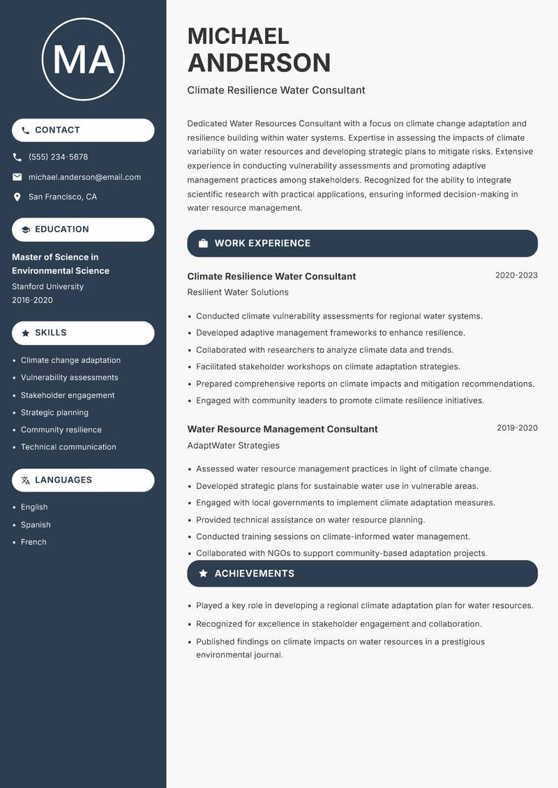 Water Resources Consultant resume sample — Climate Resilience Water Consultant focus