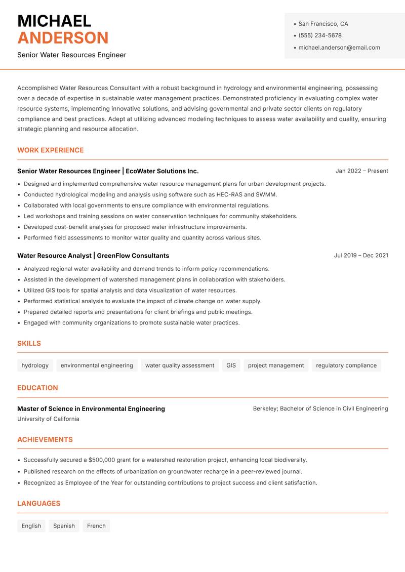 Water Resources Consultant resume sample — Senior Water Resources Engineer focus