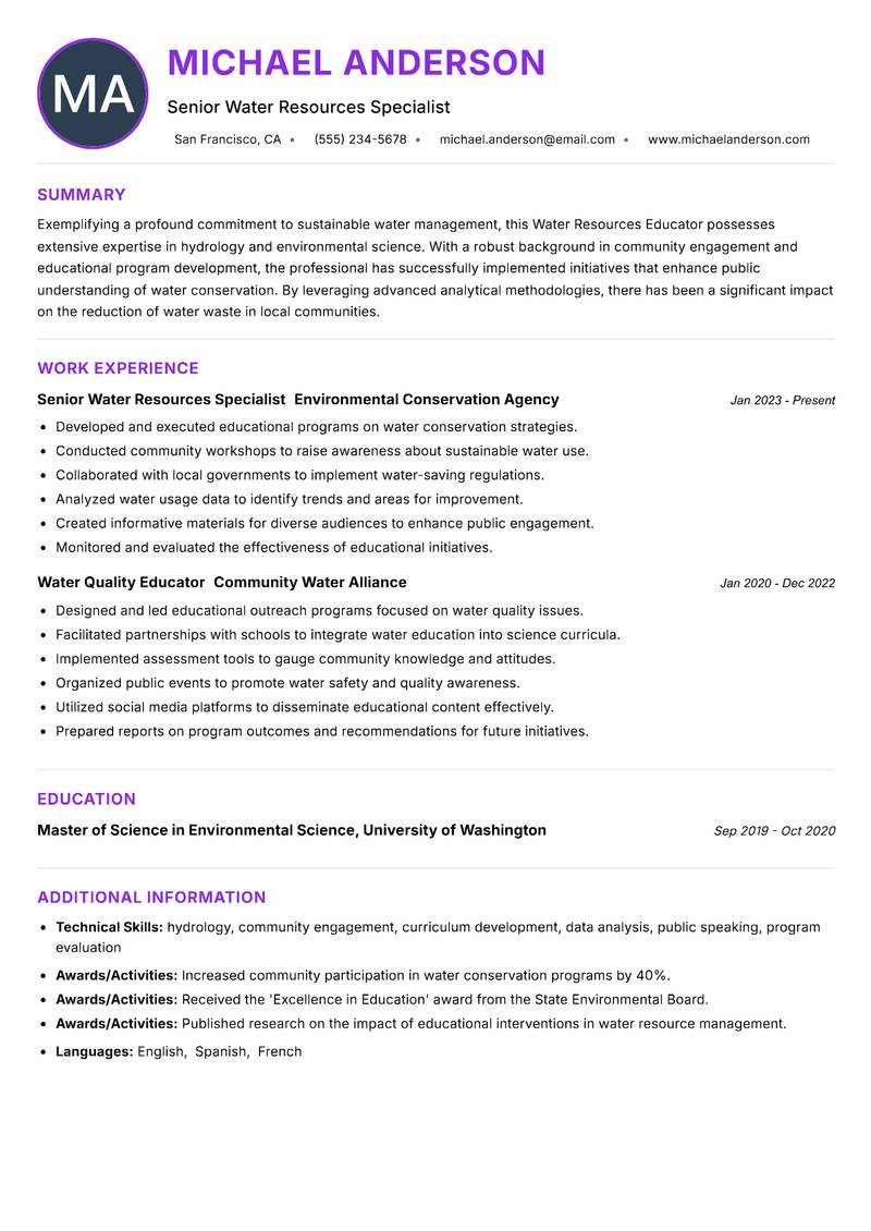 Water Resources Educator resume example