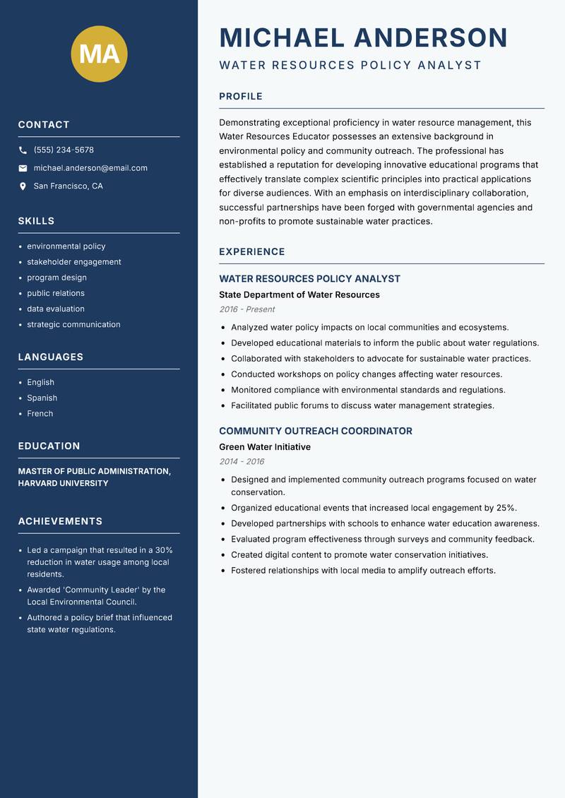 Water Resources Educator resume sample — Water Resources Policy Analyst focus