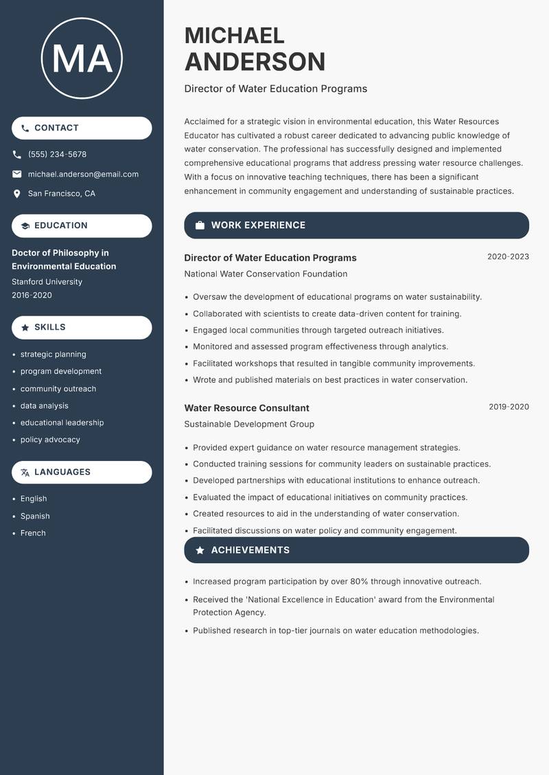 Water Resources Educator resume sample — Director of Water Education Programs focus