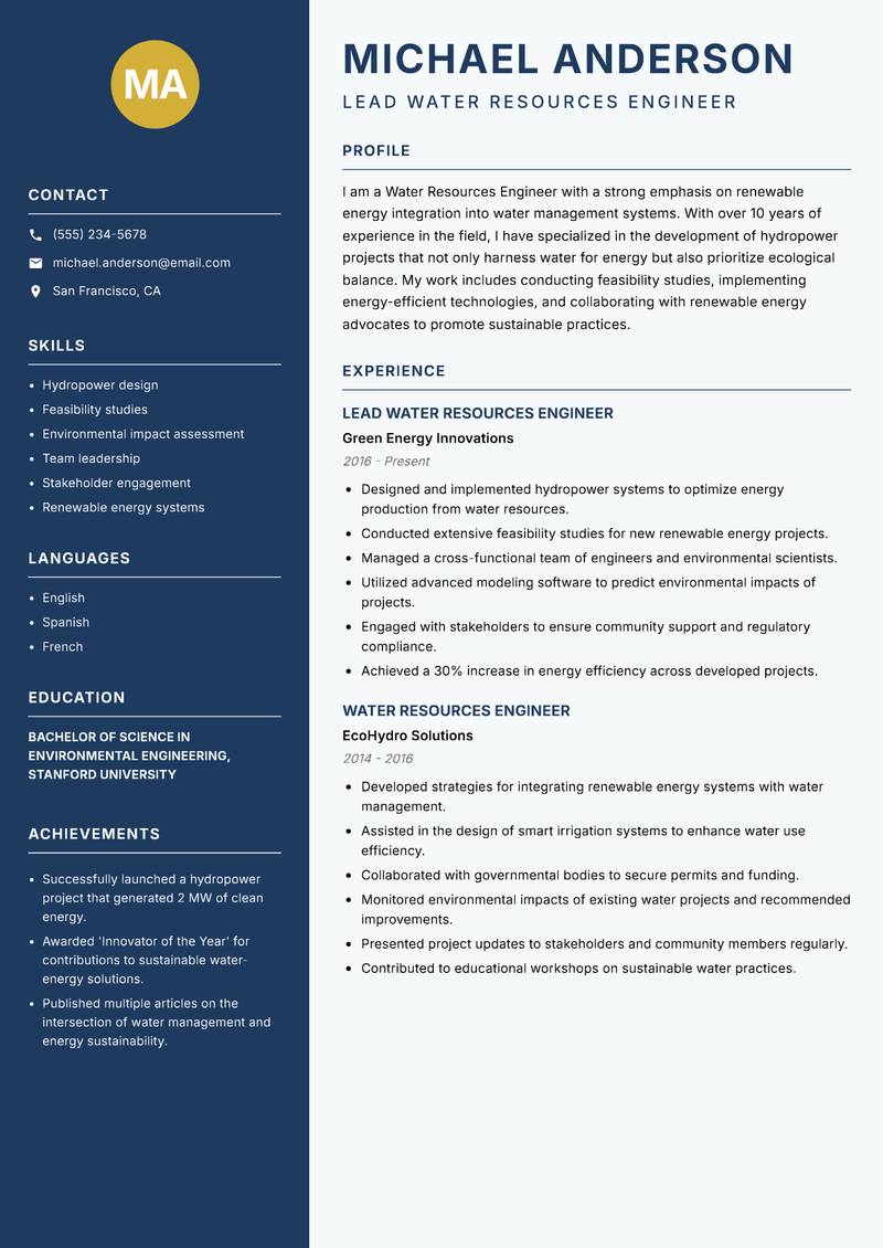 Water Resources Engineer resume sample — Lead Water Resources Engineer focus