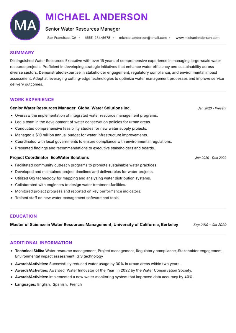 Water Resources Executive resume example