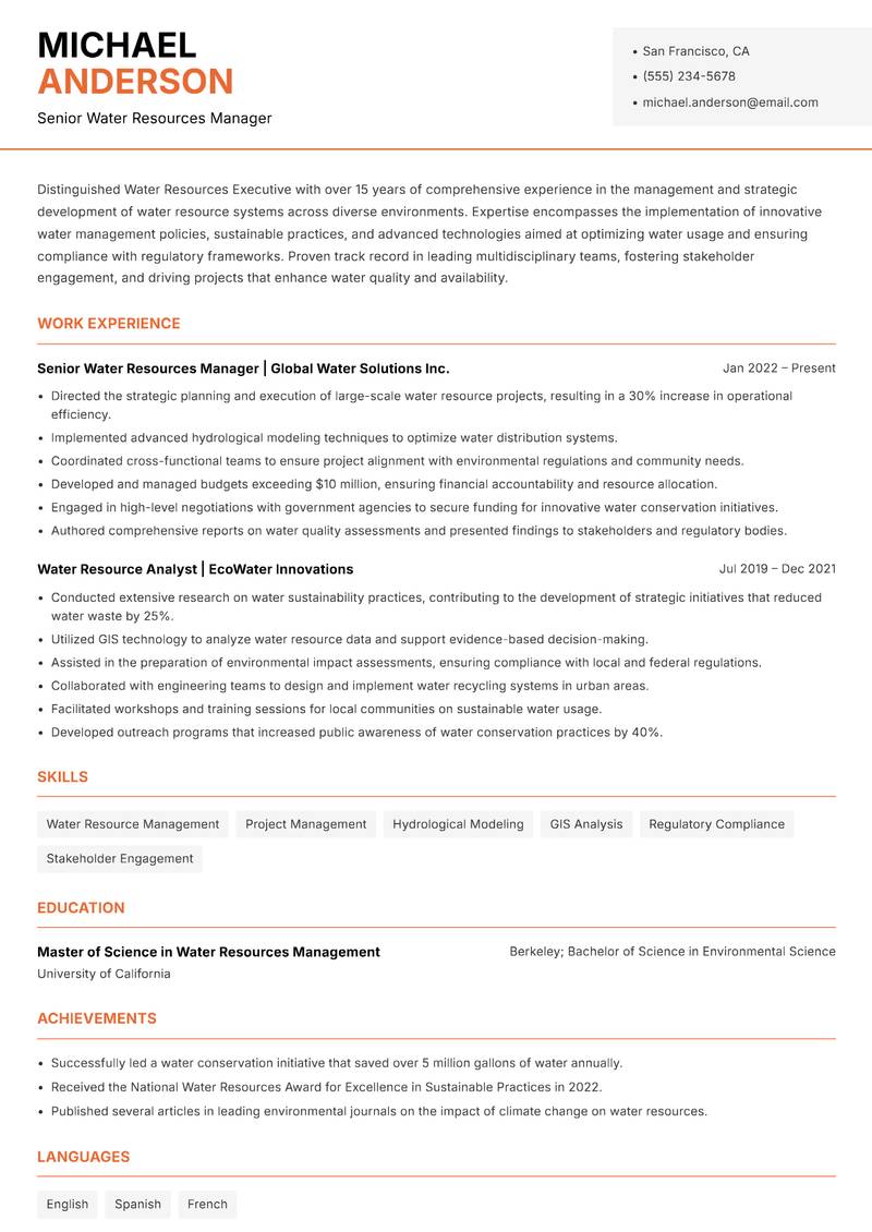 Water Resources Executive resume sample — Senior Water Resources Manager focus