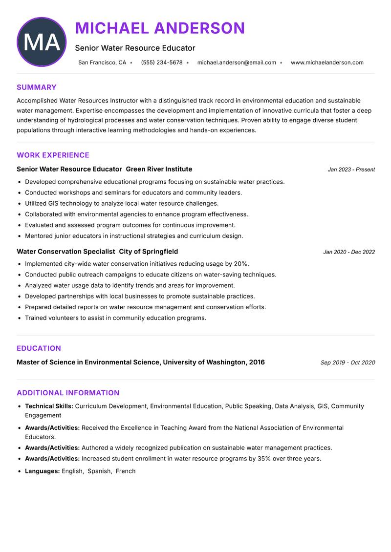 Water Resources Instructor resume example