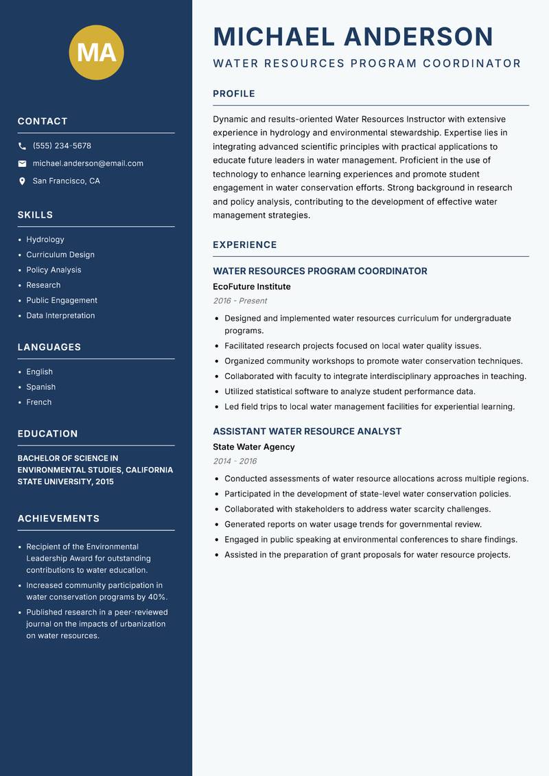 Water Resources Instructor resume sample — Water Resources Program Coordinator focus
