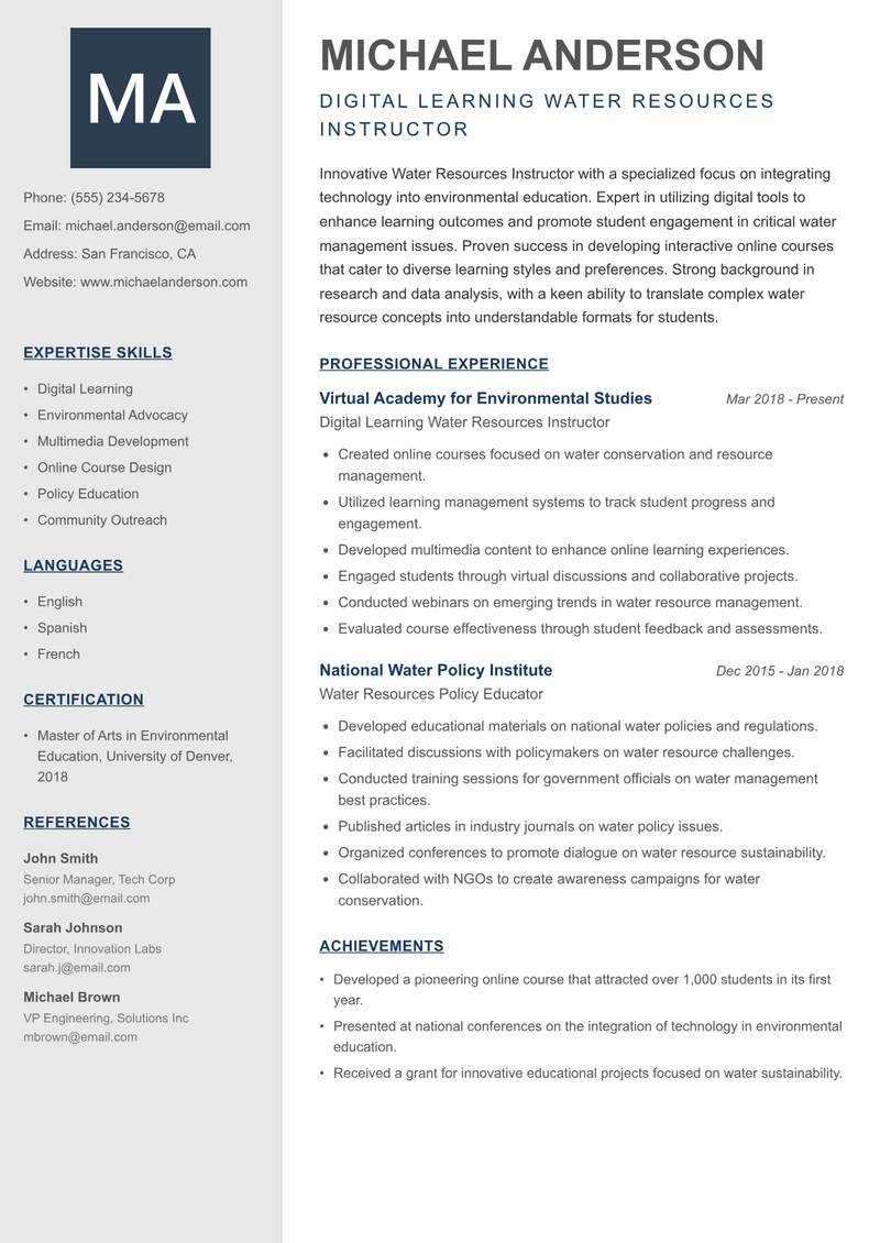 Water Resources Instructor resume sample — Digital Learning Water Resources Instructor focus