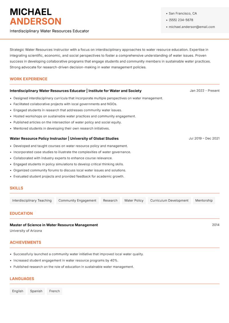 Water Resources Instructor resume sample — Interdisciplinary Water Resources Educator focus
