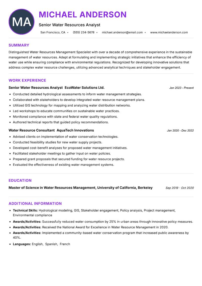Water Resources Management Specialist resume example