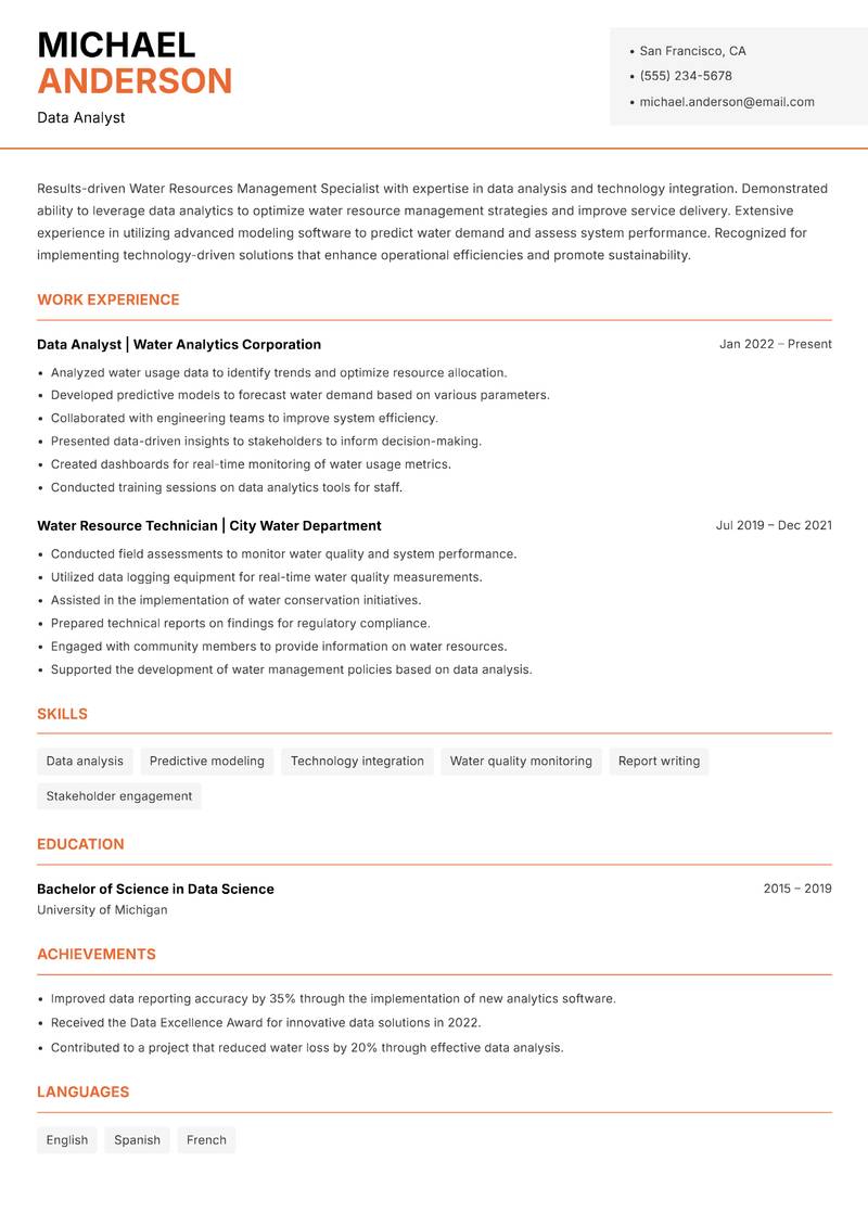 Water Resources Management Specialist resume sample — Data Analyst focus