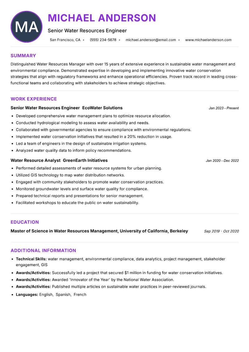Water Resources Manager resume example