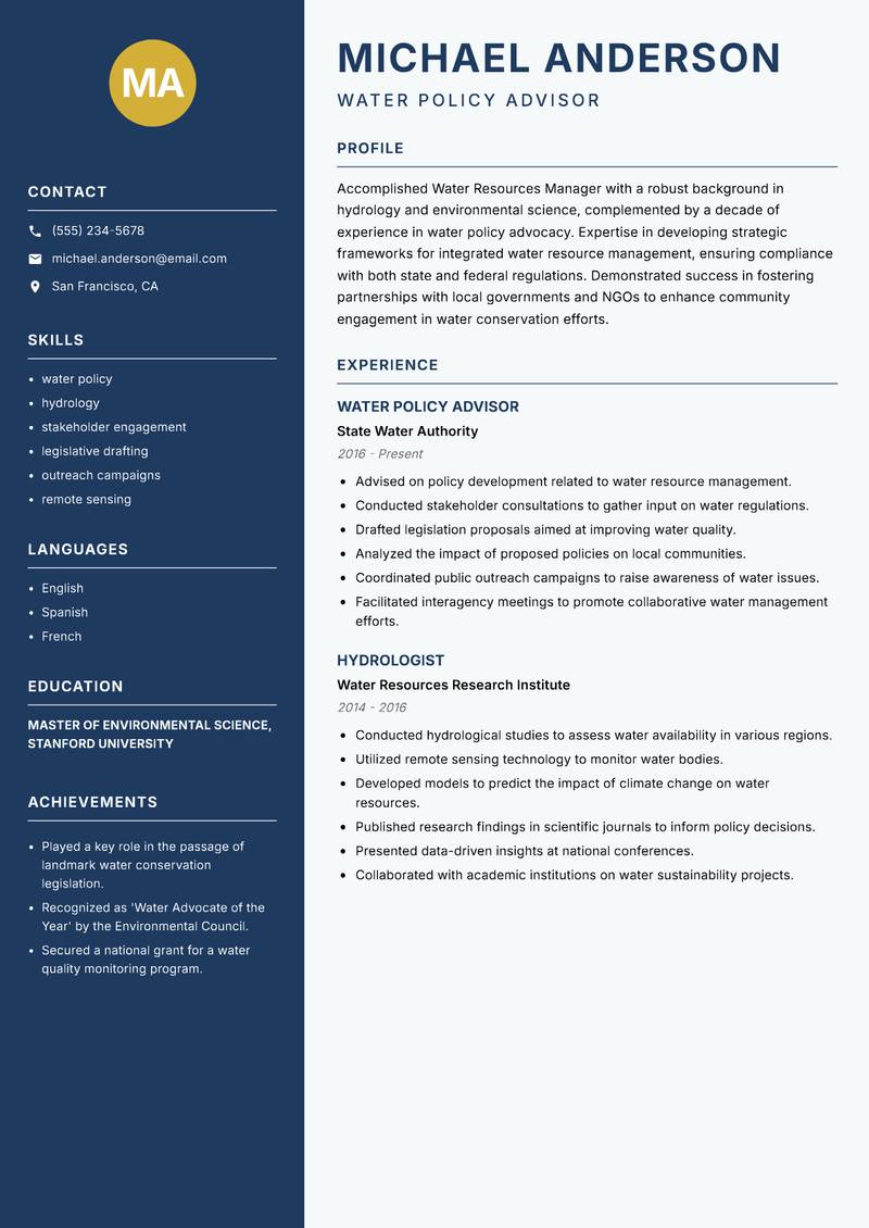 Water Resources Manager resume sample — Water Policy Advisor focus