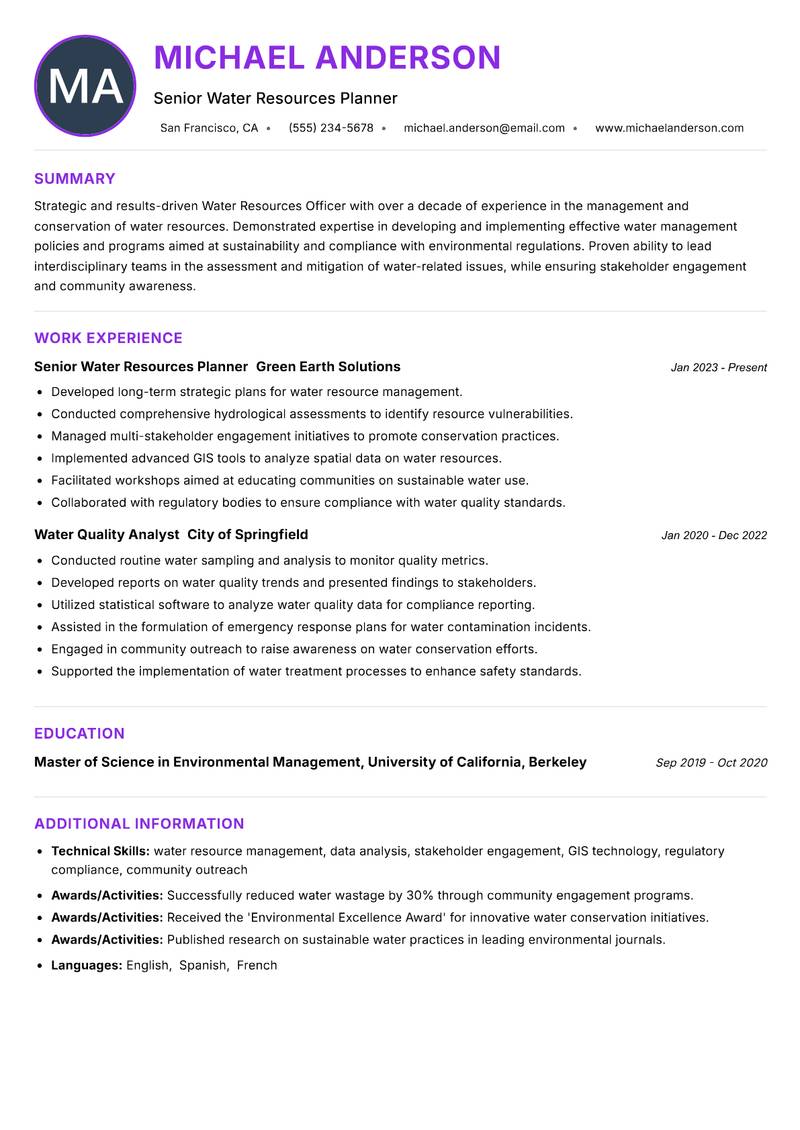 Water Resources Officer resume example