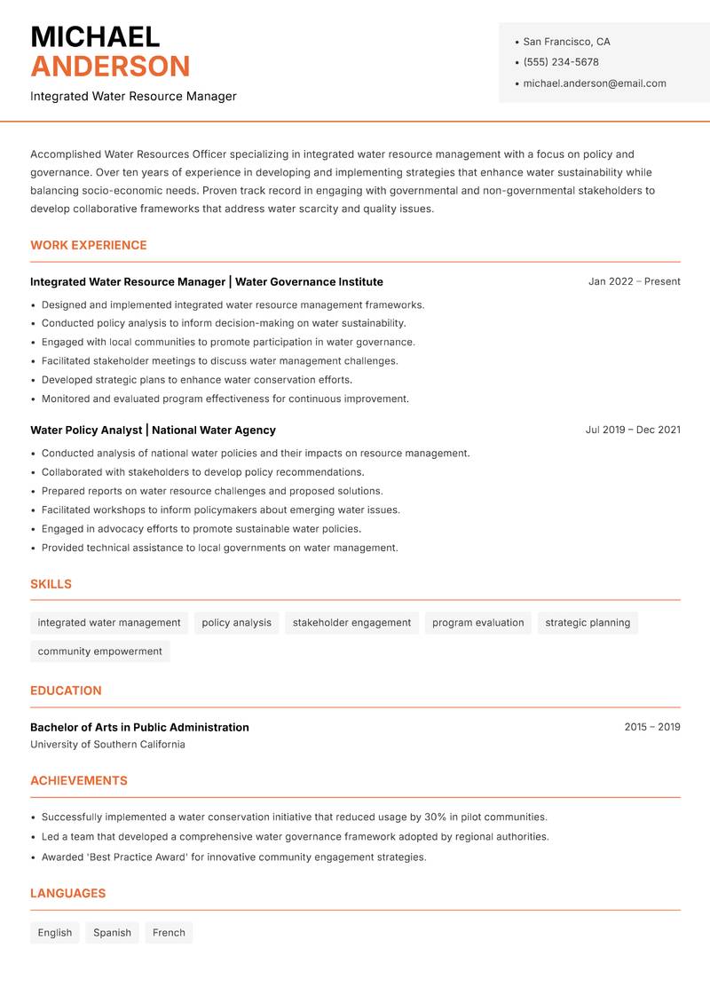 Water Resources Officer resume sample — Integrated Water Resource Manager focus