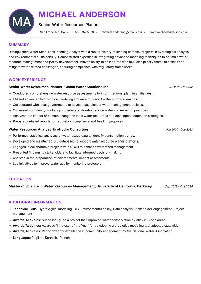 Water Resources Planning Analyst resume example