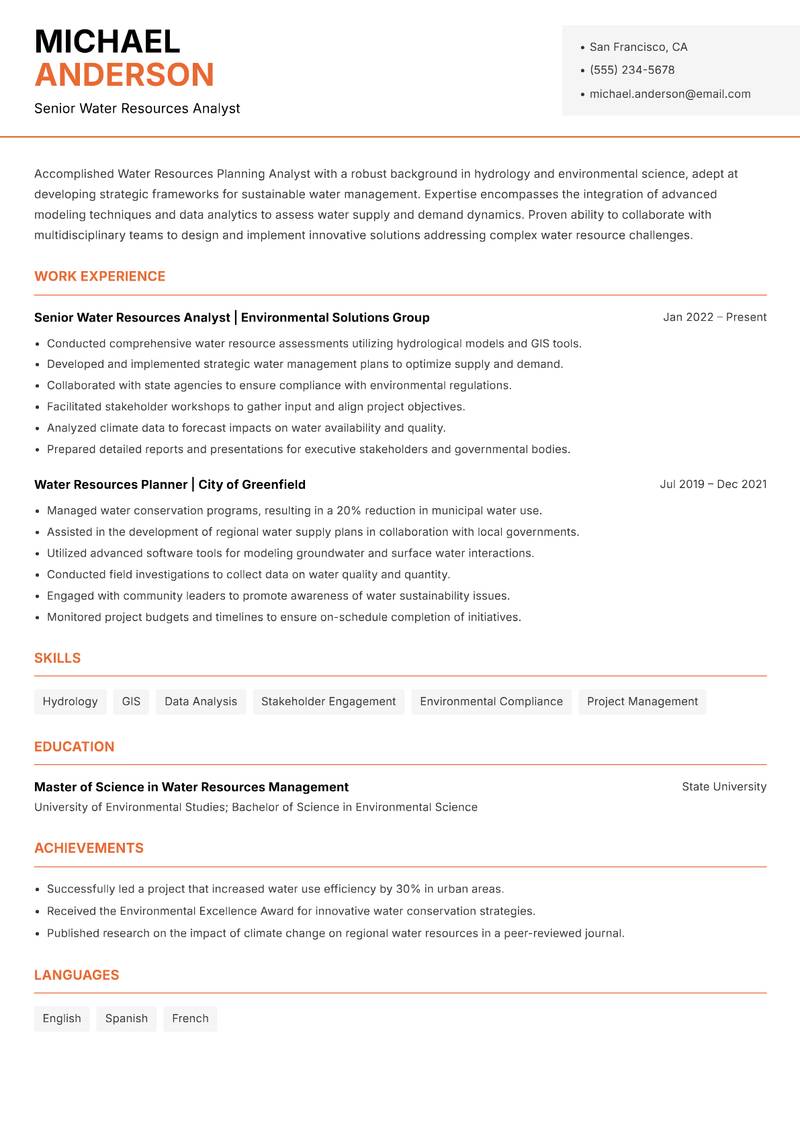 Water Resources Planning Analyst resume sample — Senior Water Resources Analyst focus