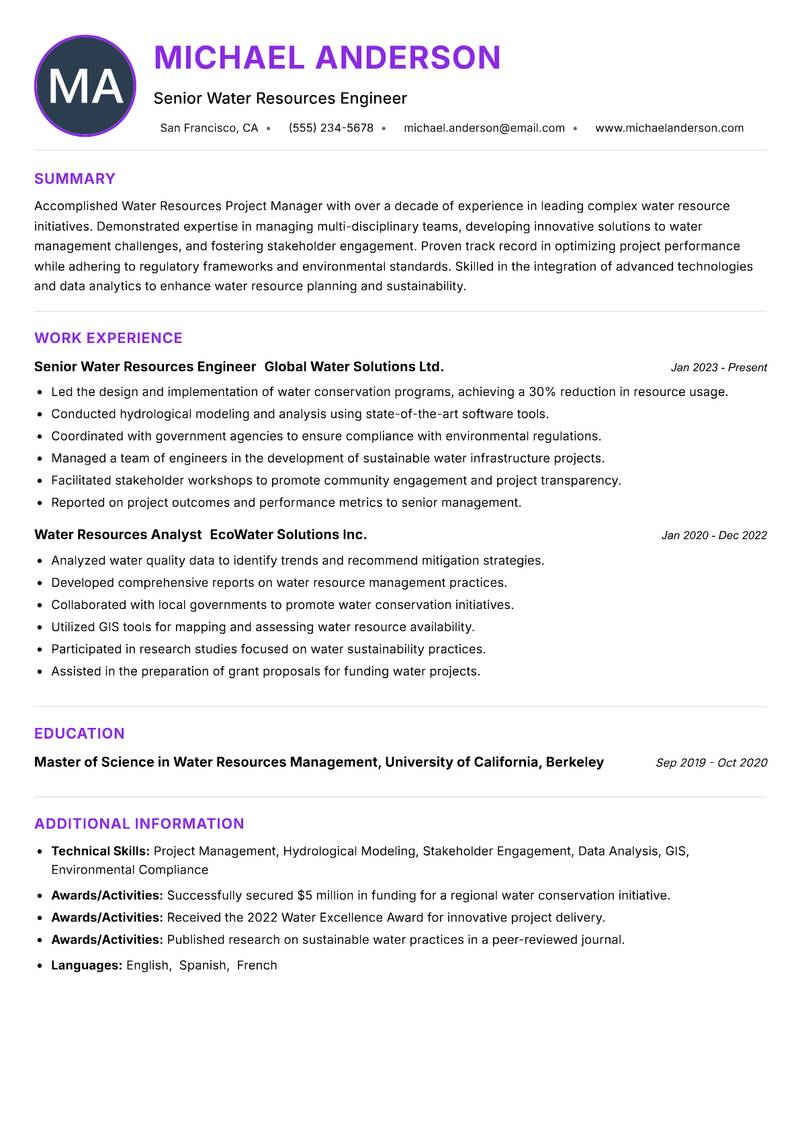 Water Resources Project Manager resume example