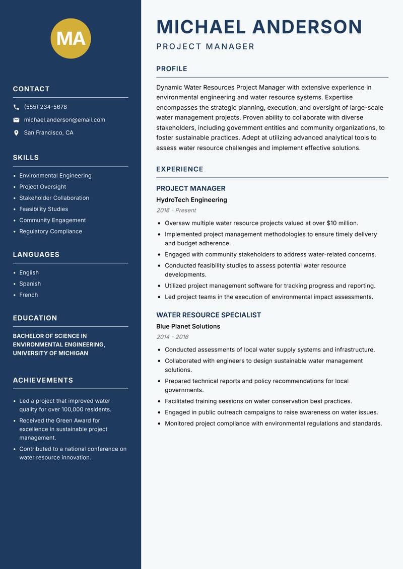 Water Resources Project Manager resume sample — Project Manager focus