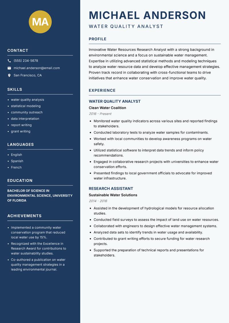 Water Resources Research Analyst resume sample — Water Quality Analyst focus