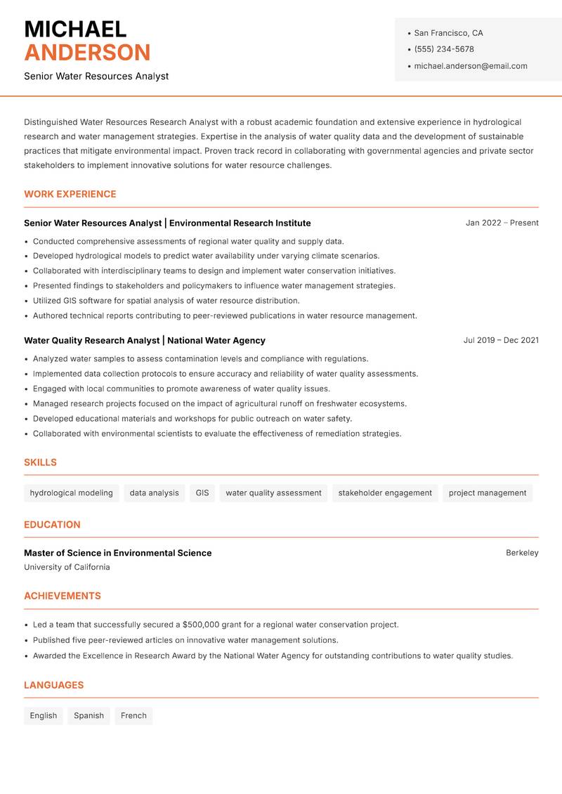 Water Resources Research Analyst resume sample — Senior Water Resources Analyst focus