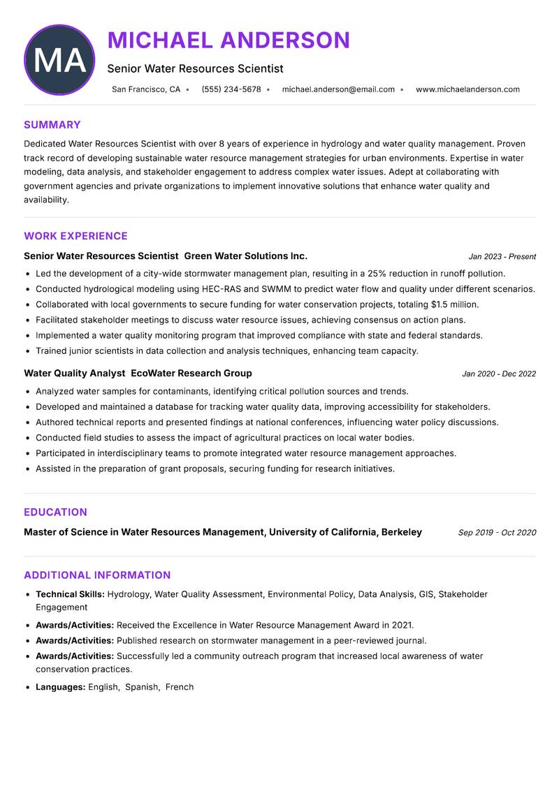 Water Resources Scientist resume example