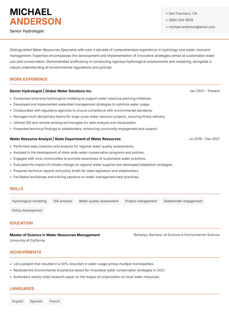 Water Resources Specialist resume sample — Senior Hydrologist focus