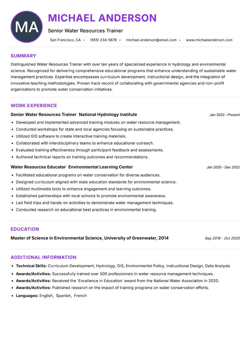 Water Resources Trainer resume example