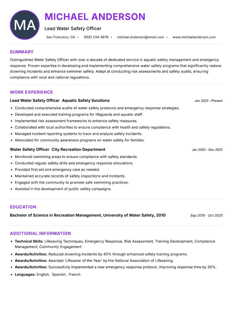 Water Safety Officer resume example