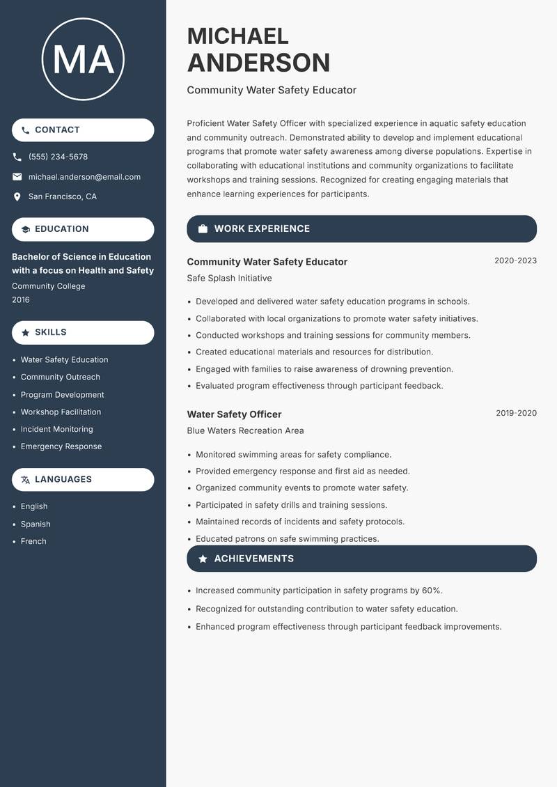 Water Safety Officer resume sample — Community Water Safety Educator focus