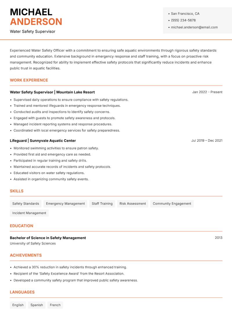 Water Safety Officer resume sample — Water Safety Supervisor focus