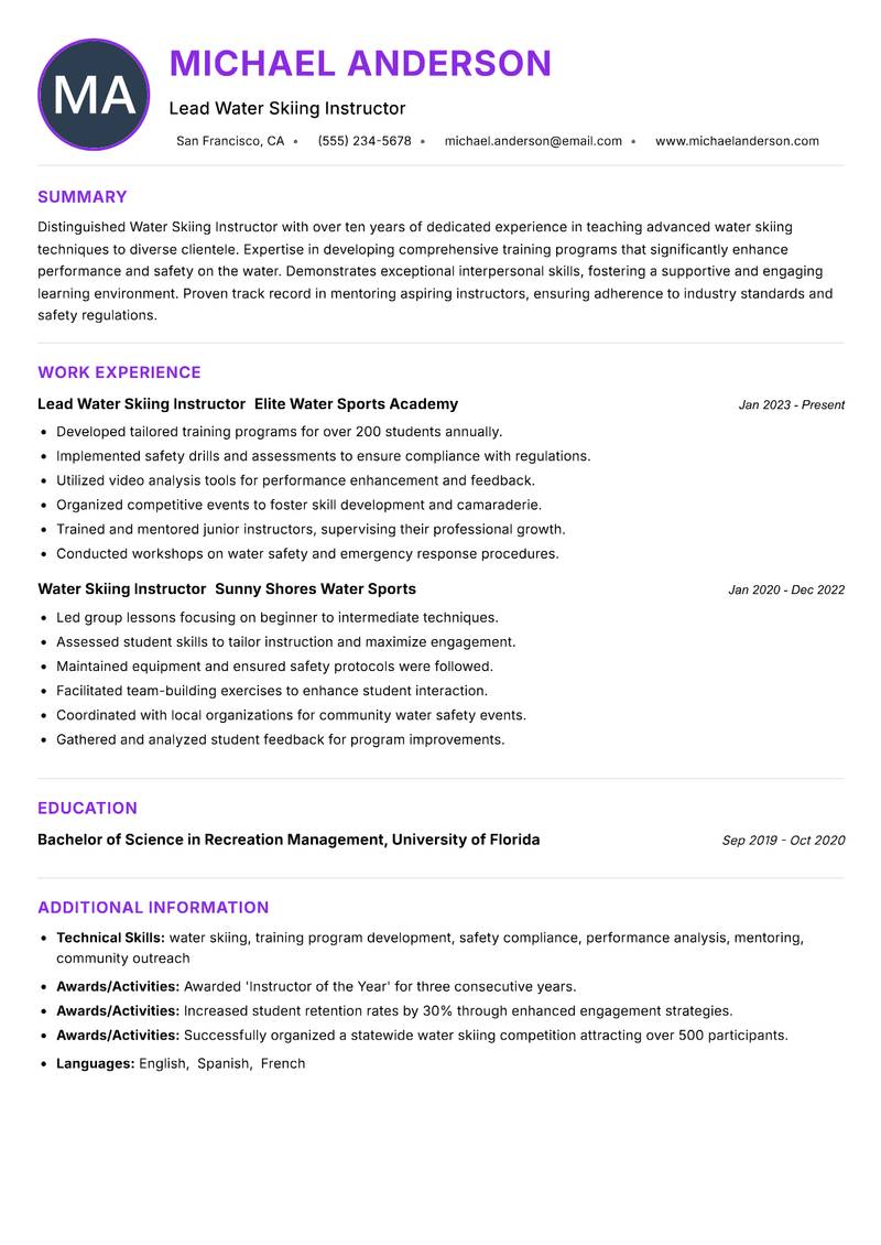 Water Skiing Instructor resume example