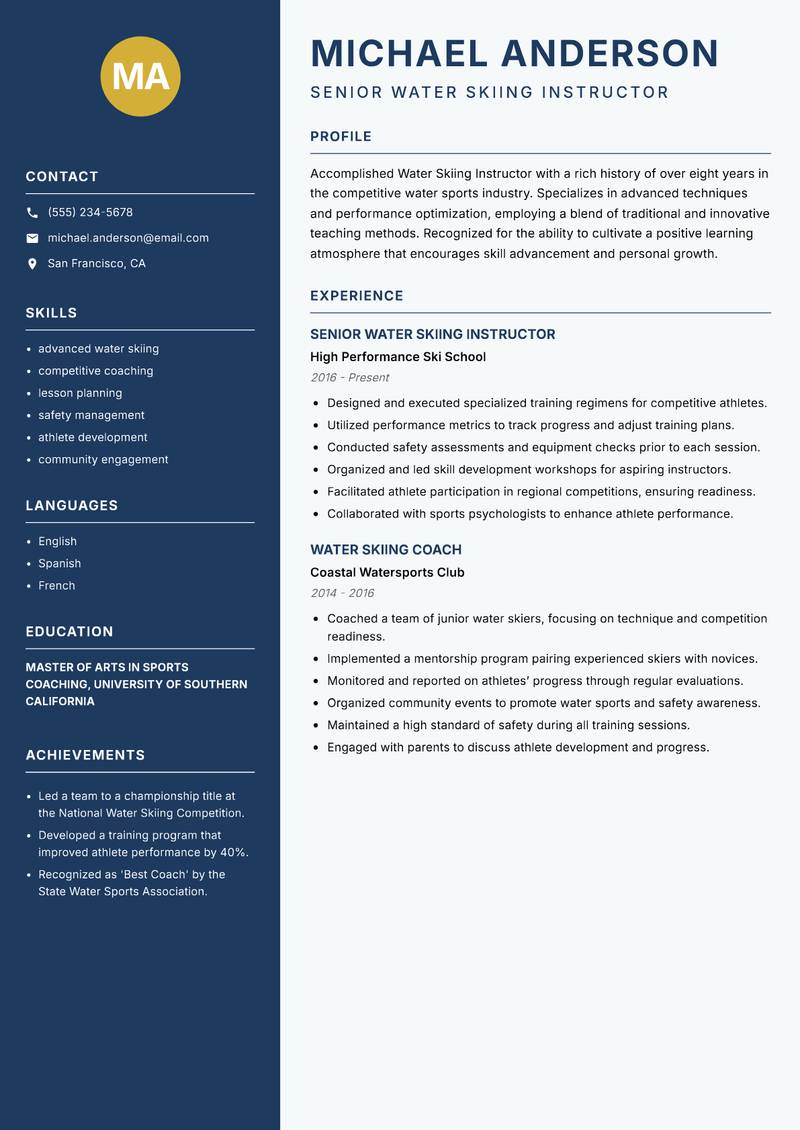 Water Skiing Instructor resume sample — Senior Water Skiing Instructor focus