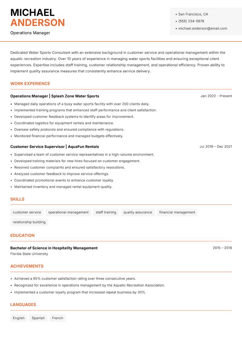 Water Sports Consultant resume sample — Operations Manager focus
